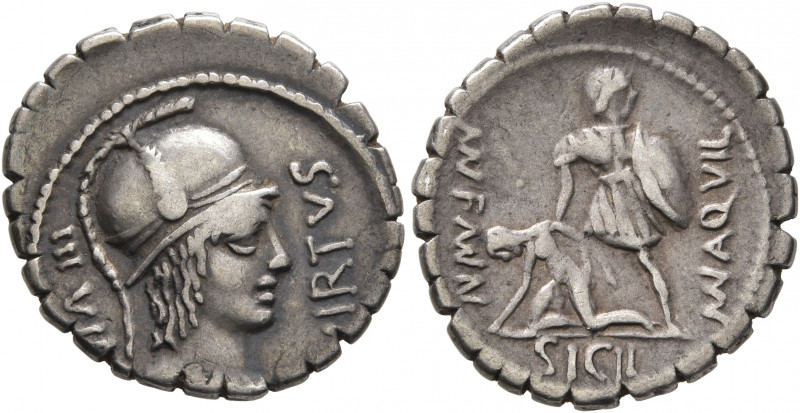 Mn. Aquillius Mn.f. Mn.n, 65 BC. Denarius (Silver, 20 mm, 3.86 g, 7 h), Rome. VI...