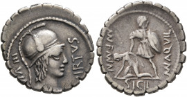 Mn. Aquillius Mn.f. Mn.n, 65 BC. Denarius (Silver, 20 mm, 3.86 g, 7 h), Rome. VIRTVS III VIR Draped bust of Virtus to right, wearing crested helmet de...