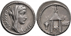 Q. Cassius Longinus, 55 BC. Denarius (Silver, 19 mm, 4.00 g, 3 h), Rome. Q•CASSIVS - VEST Veiled and diademed head of Vesta to right. Rev. Curule chai...