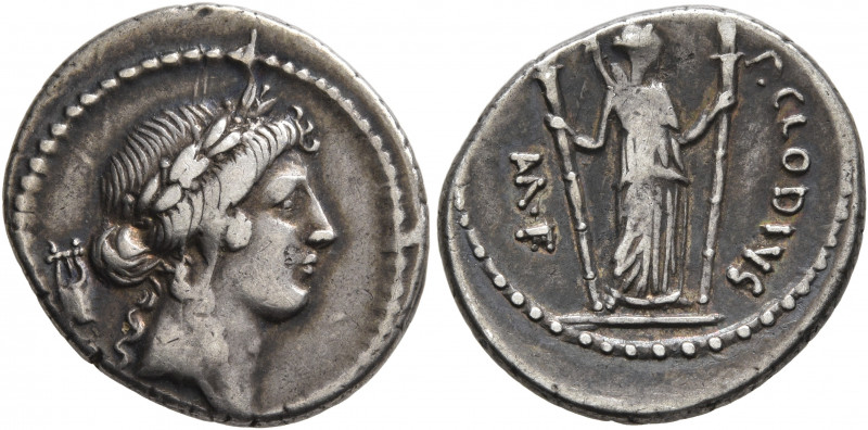 P. Clodius M.f. Turrinus, 42 BC. Denarius (Silver, 19 mm, 3.53 g, 6 h), Rome. La...