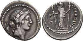 P. Clodius M.f. Turrinus, 42 BC. Denarius (Silver, 19 mm, 3.53 g, 6 h), Rome. Laureate head of Apollo to right; behind, lyre. Rev. P•CLODIVS M•F• Dian...