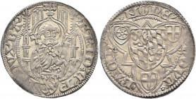 GERMANY. Pfalz-Kurlinie. Friedrich I, 1449-1476. Weisspfennig (Silver, 24 mm, 2.00 g, 2 h), Bacharach. FRID' C' P' R' DVX BA' Bust of St. Peter facing...