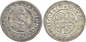 GERMANY. Pfalz-Simmern. Friedrich IV, 1592-1610. Albus 1610 (Silver, 20 mm, 1.56 g, 12 h), Mannheim. FRID IV D G CO PAL RH DVX B E Cuirassed bust of F...
