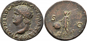 Nero, 54-68. As (Copper, 28 mm, 10.33 g, 7 h), Lugdunum, 65. IMP NERO CAESAR AVG P MAX TR P P P Bare head of Nero to left, globe at point of bust. Rev...