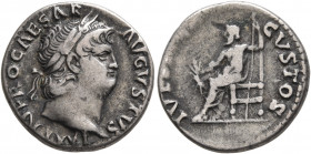 Nero, 54-68. Denarius (Silver, 17 mm, 3.48 g, 7 h), Rome, 66-67. IMP NERO CAESAR AVGVSTVS Laureate head of Nero to right. Rev. IVPP[ITER] CVSTOS Jupit...