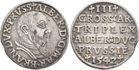 GERMANY. Preußen (Herzogtum; Ostpreußen). Albrecht von Brandenburg, 1511-1568. Dreigröscher 1542 (Silver, 20 mm, 2.55 g, 12 h), Königsberg. (Trefoil) ...