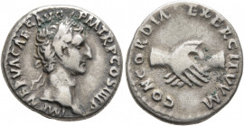 Nerva, 96-98. Denarius (Silver, 17 mm, 3.57 g, 7 h), Rome, 97. IMP NERVA CAES AVG P M TR P COS III P P Laureate head of Nerva to right. Rev. CONCORDIA...