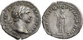 Trajan, 98-117. Denarius (Silver, 20 mm, 3.20 g, 7 h), Rome, circa 107-108. IMP TRAIANO AVG GER DAC P M TR P Laureate head of Trajan to right, with sl...