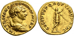 Trajan, 98-117. Aureus (Gold, 19 mm, 7.18 g, 7 h), Rome, circa 108-110. IMP TRAIANO AVG GER DAC P M TR P Laureate, draped and cuirassed bust of Trajan...