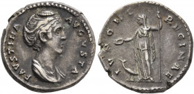 Diva Faustina Senior, died 140/1. Denarius (Silver, 16 mm, 3.51 g, 5 h), Rome. FAVSTINA AVGVSTA Diademed and draped bust of Faustina Senior to right. ...