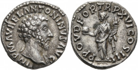 Marcus Aurelius, 161-180. Denarius (Silver, 17 mm, 3.09 g, 11 h), Rome, 161-162. IMP M AVREL ANTONINVS AVG Bare head of Marcus Aurelius to right, with...