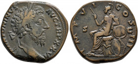 Marcus Aurelius, 161-180. Sestertius (Orichalcum, 29 mm, 21.34 g, 12 h), Rome, 171-172. M ANTONINVS AVG TR P XXVI Laureate head of Marcus Aurelius to ...