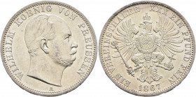 GERMANY. Preußen. Wilhelm I, 1861-1888. Vereinstaler 1867 (Silver, 33 mm, 18.56 g, 12 h), Berlin WILHELM KOENIG VON PREUSSEN Head of Wilhelm I. right,...