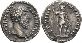 Lucius Verus, 161-169. Denarius (Silver, 17 mm, 3.49 g, 6 h), Rome, 163-164. L VERVS AVG ARMENIACVS Laureate head of Lucius Verus to right. Rev. TR P ...