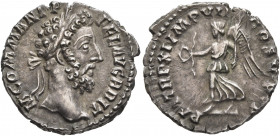 Commodus, 177-192. Denarius (Silver, 17 mm, 2.84 g, 11 h), Rome, 185. M COMM ANT P FEL AVG BRIT Laureate head of Commodus to right. Rev. P M TR P XI I...