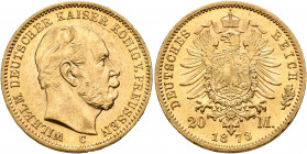 GERMANY. Preußen. Wilhelm I, 1871-1888. 20 Mark 1873 (Gold, 22 mm, 8.00 g, 12 h), Frankfurt. WILHELM DEUTSCHER KAISER KÖNIG V. PREUSSEN Head of Wilhel...