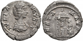 Julia Domna, Augusta, 193-217. Denarius (Silver, 19 mm, 3.43 g, 6 h), Rome, 196-211. IVLIA AVGVSTA Draped bust of Julia Domna to right. Rev. VESTA MAT...