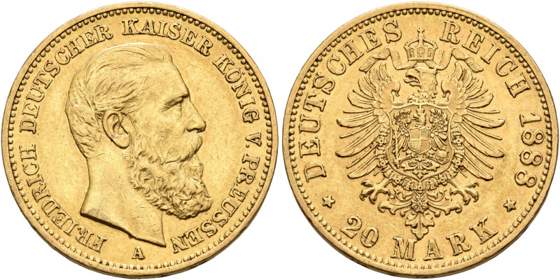 GERMANY. Preußen. Friedrich III. 20 Mark 1888 (Gold, 22 mm, 8.00 g, 12 h), Berli...