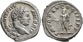 Caracalla, 198-217. Denarius (Silver, 20 mm, 3.20 g, 12 h), Rome, 212. ANTONINVS PIVS AVG BRIT Laureate head of Caracalla to right. Rev. P M TR P XV C...