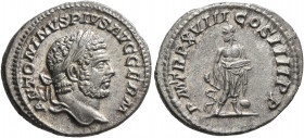 Caracalla, 198-217. Denarius (Silver, 19 mm, 3.38 g, 1 h), Rome, 215. ANTONINVS PIVS AVG GERM Laureate head of Caracalla to right. Rev. P M TR P XVIII...