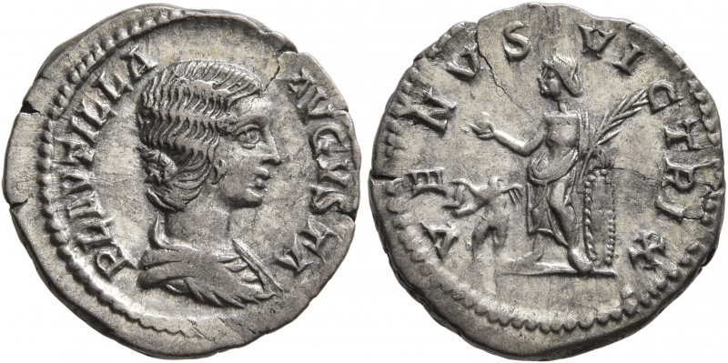 Plautilla, Augusta, 202-205. Denarius (Silver, 19 mm, 3.00 g, 11 h), Rome. PLAVT...