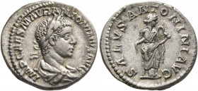 Elagabalus, 218-222. Denarius (Silver, 19 mm, 3.51 g, 5 h), Rome, 218-219. IMP CAES M AVR ANTONINVS AVG Laureate and draped bust of Elagabalus to righ...