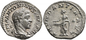 Elagabalus, 218-222. Denarius (Silver, 18 mm, 3.00 g, 11 h), Rome, 220-222. IMP ANTONINVS PIVS AVG Laureate and draped bust of Elagabalus to right, se...