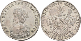 GERMANY. Quedlinburg. Anna Sophia von Pfalz-Birkenfeld, 1645-1680. 2/3 Taler 1675 (Silver, 40 mm, 19.10 g, 6 h). ANNA SOPHIA P B R H I B A Z Q G Z V V...