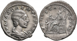 Julia Soaemias, Augusta, 218-222. Denarius (Silver, 19 mm, 3.23 g, 12 h), Rome, 219-220. IVLIA SOAEMIAS AVG Draped bust of Julia Soaemias to right. Re...