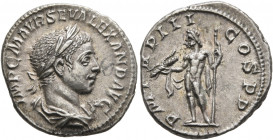 Severus Alexander, 222-235. Denarius (Silver, 19 mm, 3.00 g, 7 h), Rome, 224. IMP C M AVR SEV ALEXAND AVG Laureate and draped bust of Severus Alexande...