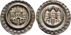 GERMANY. Ravensburg (königliche Münzstätte). 1250-1270. Bracteate (Silver, 20 mm, 0.49 g). Gate with three towers. Rev. Incuse of obverse. CC 210. Ber...
