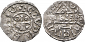 GERMANY. Regensburg (herzogliche Münzstätte). Heinrich IV, 995-1024. Denar (Silver, 20 mm, 1.23 g, 9 h). HENRICVS DVX Cross with annulet, wedge and tw...