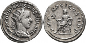 Gordian III, 238-244. Antoninianus (Silver, 22 mm, 5.39 g, 1 h), Rome, 243. IMP GORDIANVS PIVS FEL AVG Radiate, draped and cuirassed bust of Gordian I...
