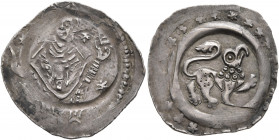 GERMANY. Regensburg (Bistum). 1210-1220. Pfennig (Silver, 21 mm, 0.99 g, 9 h). Standing bishop facing, holding crosier and book. Rev. Lion with eagle'...