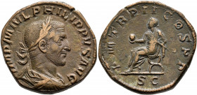 Philip I, 244-249. Sestertius (Orichalcum, 30 mm, 23.31 g, 12 h), Rome, 245. IMP M IVL PHILIPPVS AVG Laureate, draped and cuirassed bust of Philip I t...