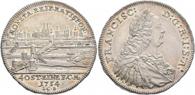 GERMANY. Regensburg (Stadt). 1/4 Konventionstaler 1754 (Silver, 29 mm, 7.10 g, 12 h). MONETA REIP RATISPON City view; in the exergue: 40 ST. EINE F C ...