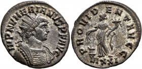 Numerian, 283-284. Antoninianus (Silvered bronze, 22 mm, 3.36 g, 11 h), Ticinum, 283. IMP NVMERIANVS P F AVG Radiate and cuirassed bust of Numerian to...