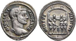 Diocletian, 284-305. Argenteus (Silver, 18 mm, 3.11 g, 12 h), Ticinum, circa 295. DIOCLETIANVS AVG Laureate head of Diocletian to right. Rev. VIRTVS M...
