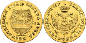 GERMANY. Rostock. Dukat 1796 (Gold, 22 mm, 3.49 g, 12 h). ✱MONETA AVREA ROSTOCHIENSIS 1796 Town arms between palm branches and I-G. Rev. FRANCISCVS II...