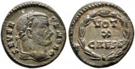 Severus II, as Caesar, 305-306. Fraction (Bronze, 12 mm, 1.26 g, 6 h), Treveri. SEVERVS NOB C Laureate head of Severus II to right. Rev. VOT / X / CAE...