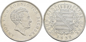 GERMANY. Sachsen. Anton, 1827-1836. Konventionstaler 1832 (Silver, 37 mm, 27.93 g, 12 h), Dresden ANTON V G G KOENIG VON SACHSEN Head of Anton to righ...