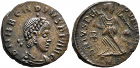 Arcadius, 383-408. Nummus (Bronze, 12 mm, 1.00 g, 1 h), Cyzicus, 388-392. D N ARCADIVS P F AVG Pearl-diademed, draped and cuirassed bust of Arcadius t...