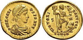 Arcadius, 383-408. Solidus (Gold, 20 mm, 4.53 g, 6 h), Sirmium, 393-395. D N ARCADIVS P F AVG Pearl-diademed, draped and cuirassed bust of Arcadius to...