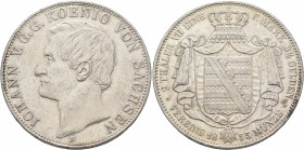 GERMANY. Sachsen. Johann, 1854-1873. Doppeltaler 1855 (Silver, 41 mm, 37.00 g, 12 h), Dresden. IOHANN V G G KOENIG VON SACHSEN Head of Johann to left,...