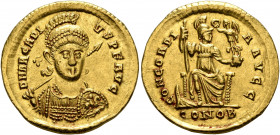 Arcadius, 383-408. Solidus (Gold, 20 mm, 4.44 g, 6 h), Constantinopolis, 397-402. D N ARCADIVS P F AVG Pearl-diademed, helmeted and cuirassed bust of ...