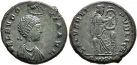 Aelia Eudoxia, Augusta, 400-404. Follis (Bronze, 17 mm, 2.66 g, 5 h), Nicomedia, 401-403. AEL EVDOXIA AVG Pearl-diademed and draped bust of Aelia Eudo...