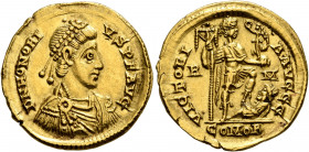 Honorius, 393-423. Solidus (Gold, 20 mm, 4.47 g, 7 h), Rome, 395-402. D N HONORI-VS P F AVG Pearl-diademed, draped and cuirassed bust of Honorius to r...