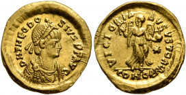 Theodosius II, 402-450. Tremissis (Gold, 13 mm, 1.44 g, 12 h), Constantinopolis, 408-420. D N THEODOSIVS P F AVG Pearl-diademed, draped and cuirassed ...