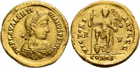 Valentinian III, 425-455. Solidus (Gold, 21 mm, 4.52 g, 6 h), Ravenna, 426-455. D N PLA VALENTINIANVS P F AVG Pearl-diademed, draped and cuirassed bus...