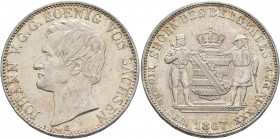 GERMANY. Sachsen. Johann, 1854-1873. Vereinstaler 1867 (Silver, 33 mm, 18.51 g, 12 h), Dresden. IOHANN V G G KOENIG VON SACHSEN Head of Johann to left...
